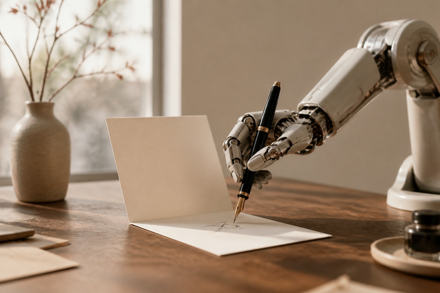 Een schrijfrobot schrijft met een echte vulpen op een kaart